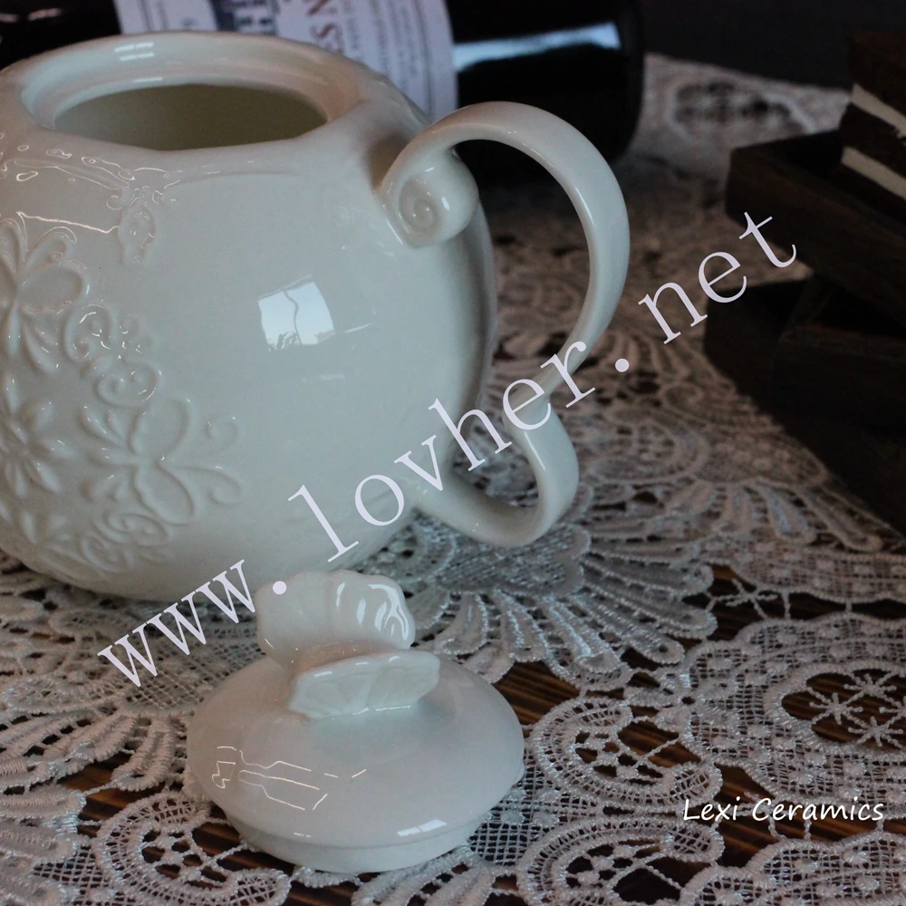 Ceramics Porcelain Tea Pot Grace Tea Ware 830ml White Embossed Heat