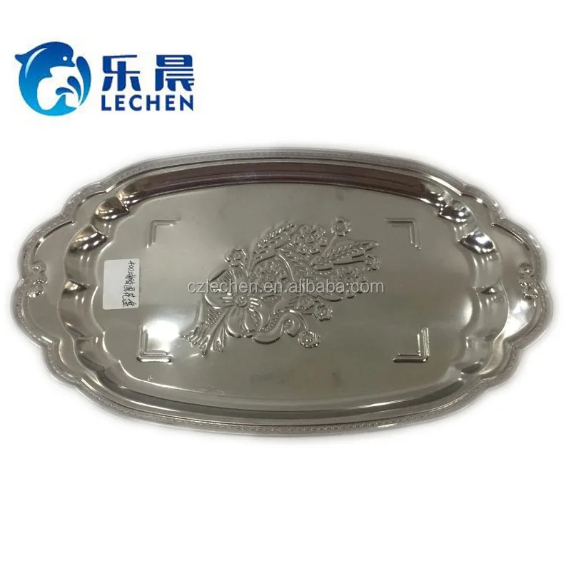 Stainless Steel Plate Tray Oval Mirror Tray Charger Rolling Serving Plate Fruit Plate Simple Baking Steak Tray with handle
