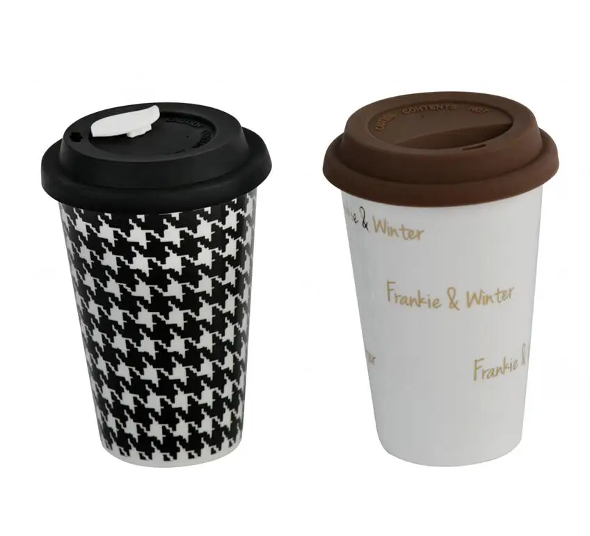 

Double Wall Ceramic Travel Mug With Silicone Lid And Sleeve CZJ, Super white