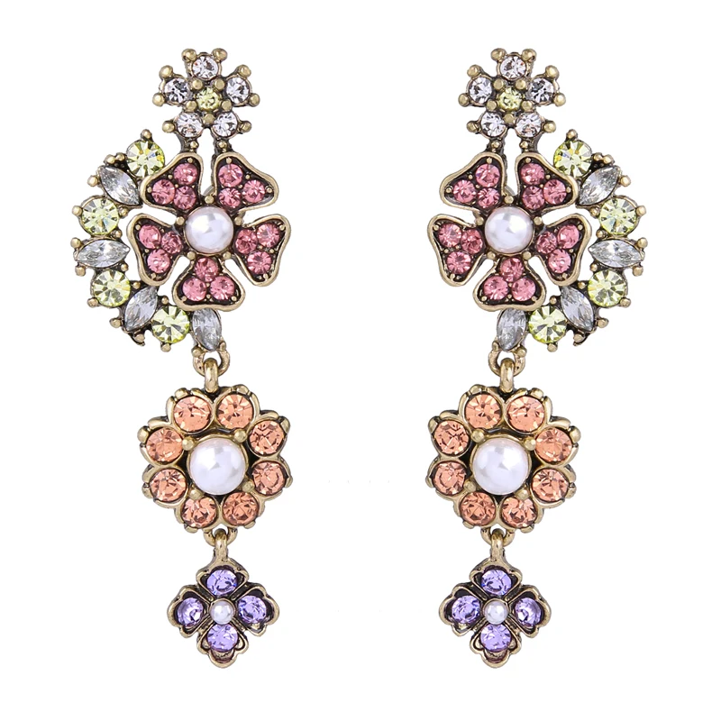 

ed01225c Vintage Gold Pearl Flower Drop Crystal Earring