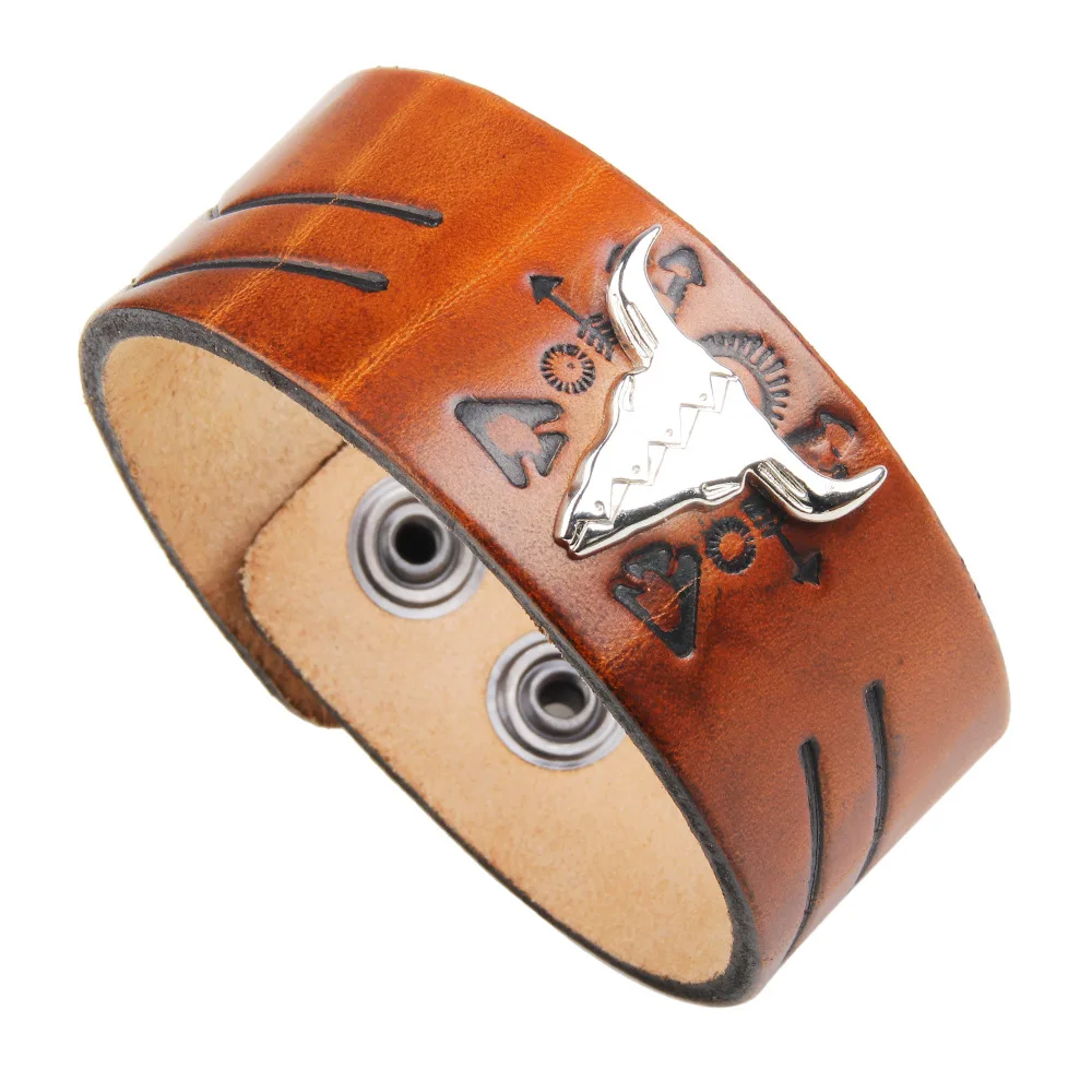 

Leather alloy bull head exaggerated punk temperament wide leather bracelet(EJ0699)