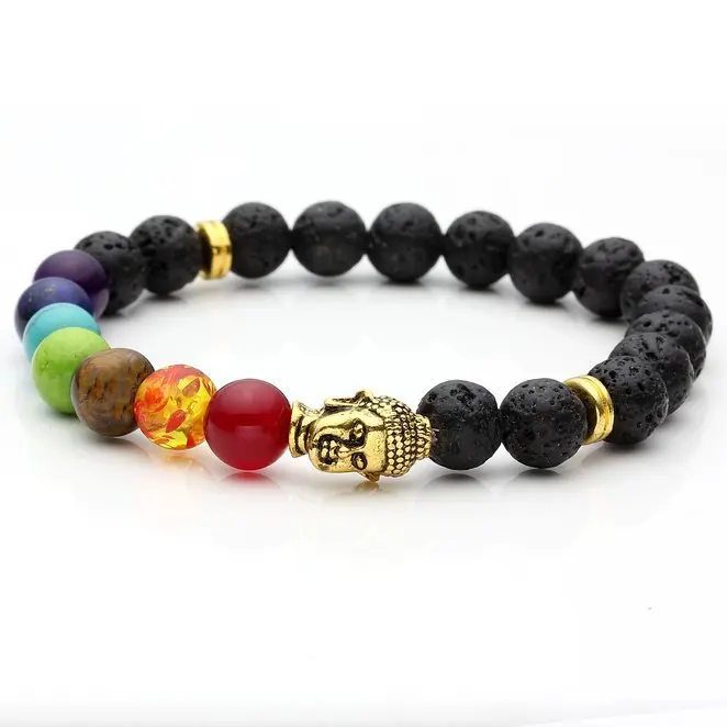 

Unisex 8mm Lava Rock Beads Buddha Chakra Bracelet,Black Healing Energy Stone Gemstone Bracelet