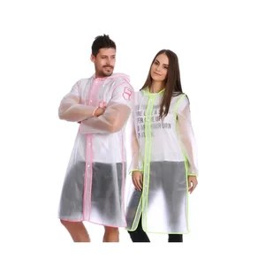 Unisex stylish EVA portable long thick clear  outdoor rain coat waterproof and light weight rain jacket with carrying bag
