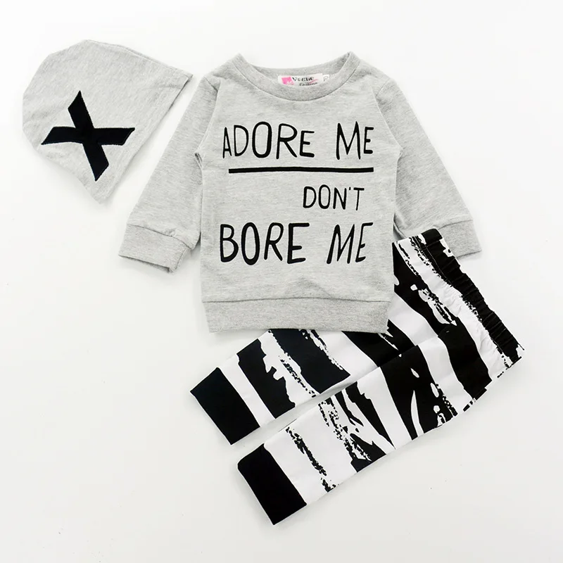 

Newborn Baby Boy Girls Clothes Long Sleeve Tops +Long Pants + Beanie 3PCS Outfits Clothing Set, As picture