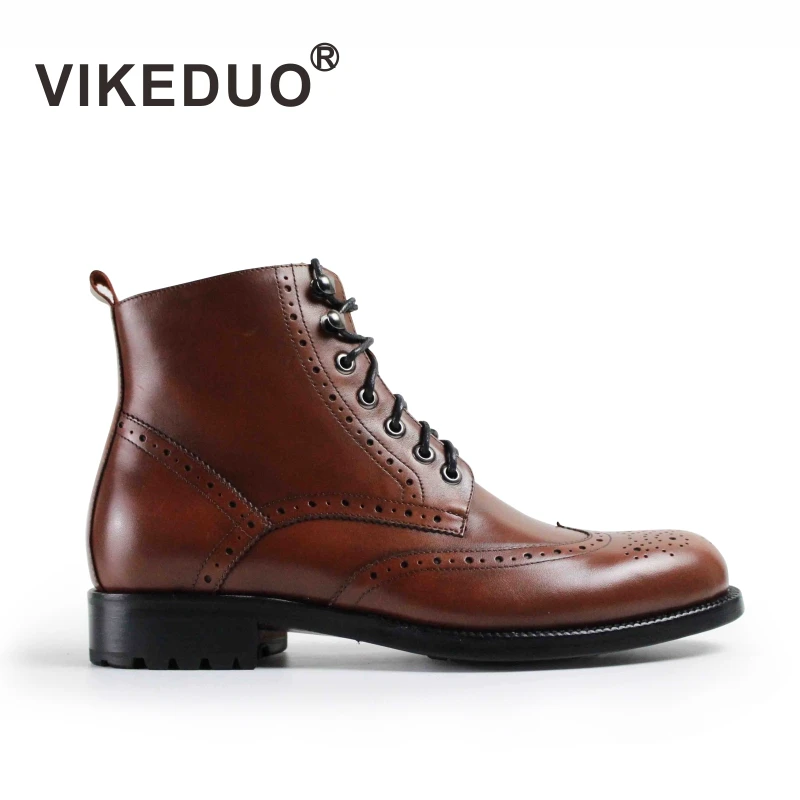

VIKEDUO Hand Made Quarter Brogue Lacing Calfskin Shoes Men's Winter Protection Ankle Boots For Men Genuine Leather, Brown