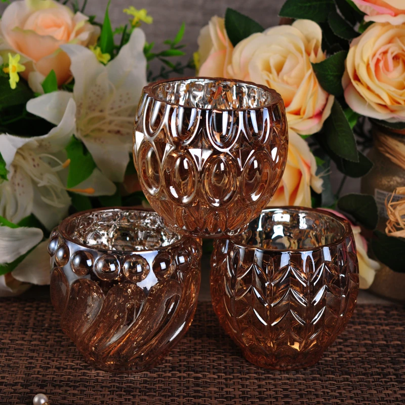 Wholesales brown silver glass candle holders leaves pattern home decoration