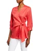 New surplice neckline side wrap 3/4-sleeve linen top women