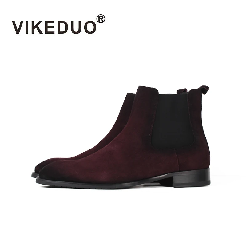 

VIKEDUO Hand Made Man's Formal Shoes Footwear Fashion Male Style Chelsea Boots Ankle-High Mens Suede Boots, Wine red