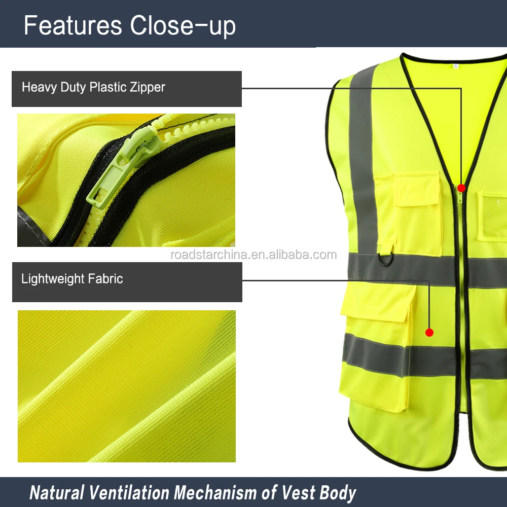 黄色拉链 5 口袋反光安全背心施工 - buy safety vest,reflective