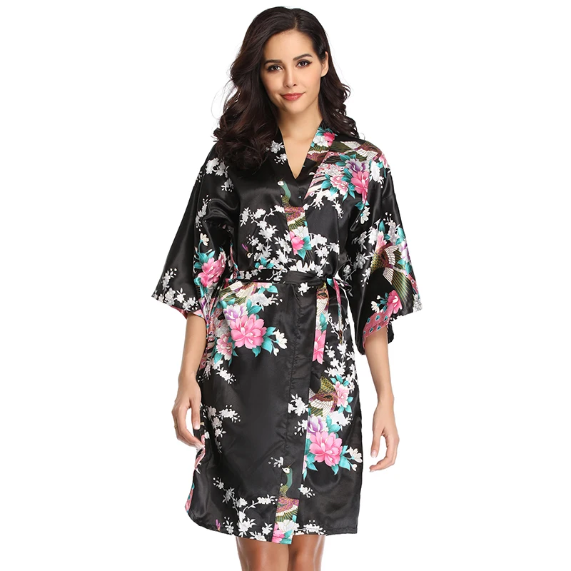 

New In Stock Low MOQ ODM Three Color Floral Kimono Robe, Black floral kimono robe