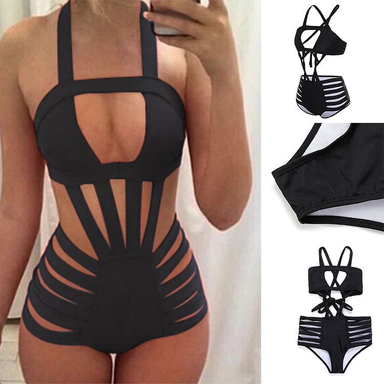 

Swimsuits For Women 2018 Girl Swimwear Bikini Black One Piece Swimsuit Bandage High-Waist Bathing Suit Women