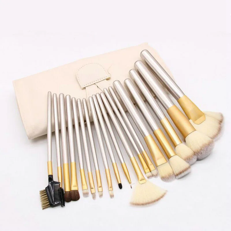 

ready to ship hot selling 18pcs champagne makeup brush set professional wooden makeup brushes with leather bag, Champagne color