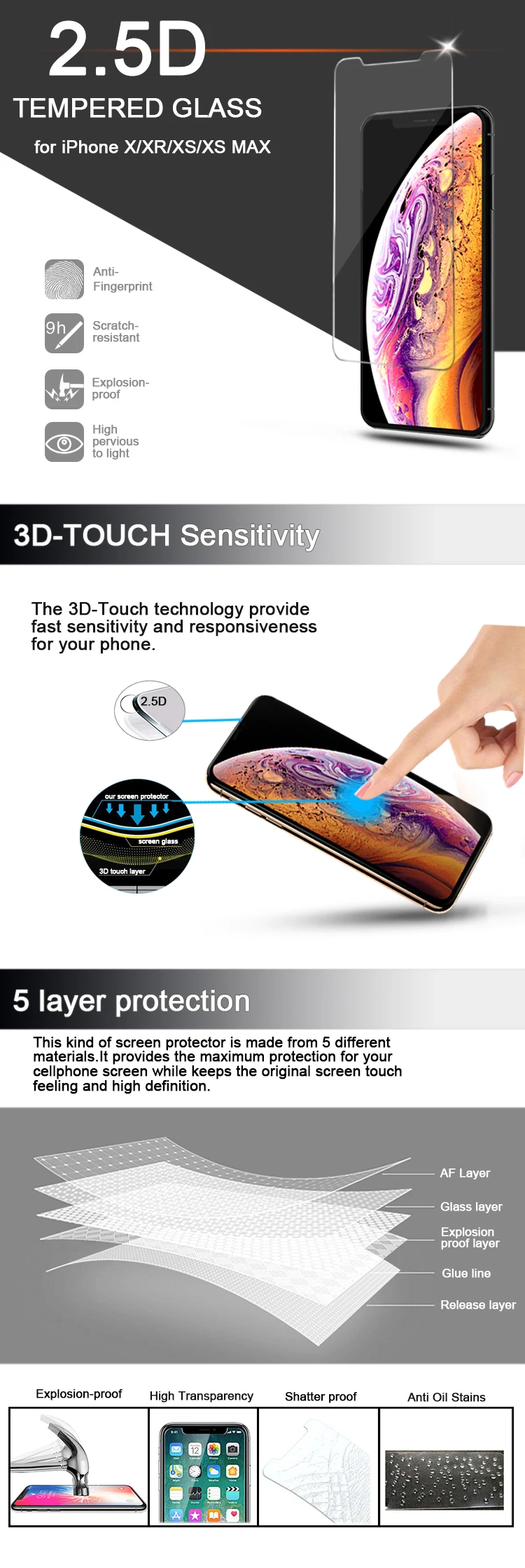 0.3mm 9H Premium Screen Protector for iphone 11 X XR XS XS MAX 8 7 6 Plus Tempered Glass Toughened Protective Film 3 Packs