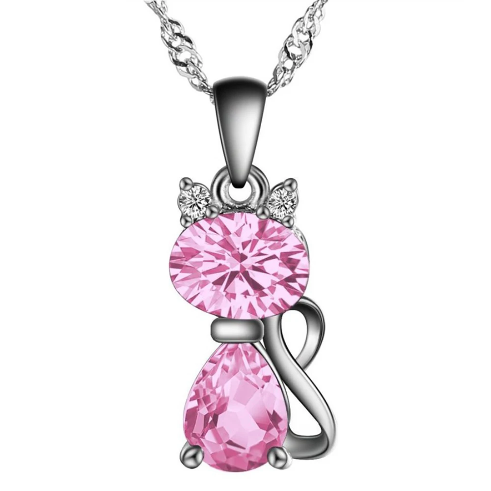 

2019 Fashion Custom Design Women Crystal Stone Cat 925 Sterling Silver Necklace with 16 inch Box Chain