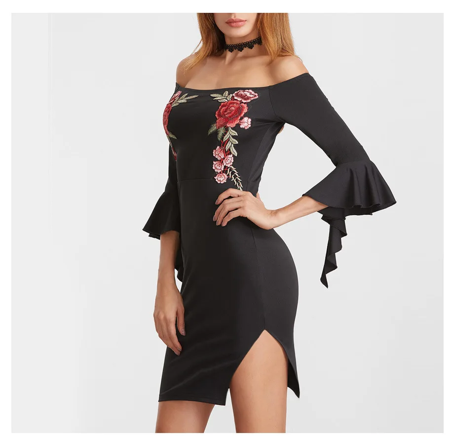 

2017 Summer Floral Embroidery Sexy&Club Female Split Vestido De Festa Boat Neck Solid Sheath Mini Bodycon Dresses, N/a