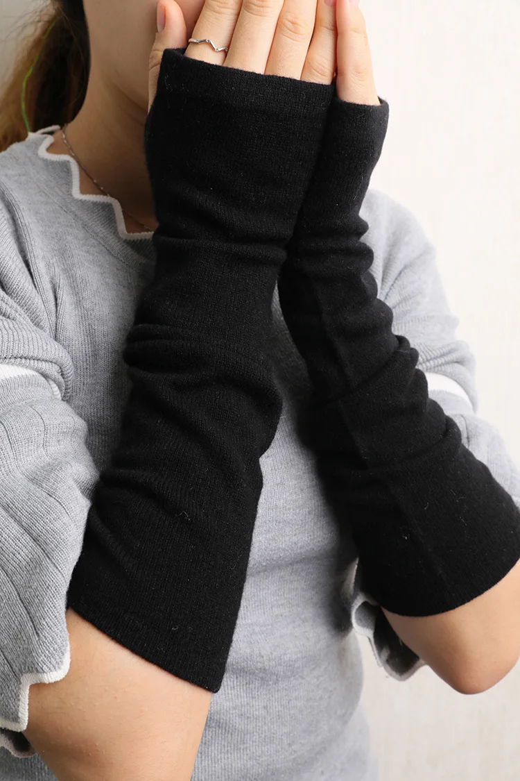 
Cable lurex women black long fingerless 100% pure fine cashmere gloves for ladies 