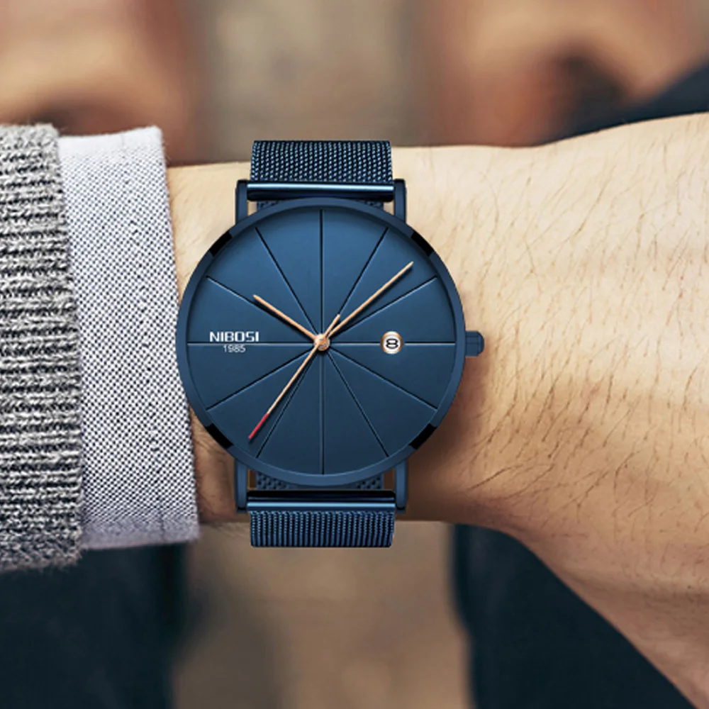 
NIBOSI 2321 Watch 40mm Unisex Ultra Thin IP Blue Minimalist Watch Men 