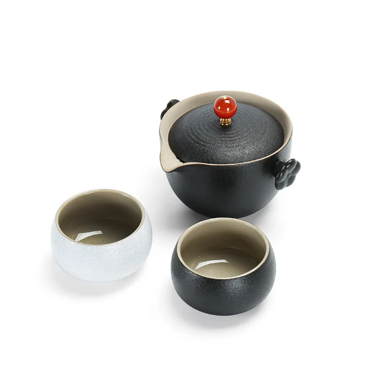 Black Pottery Stone Glazed Tea Set With One Pot And Two Cups Of