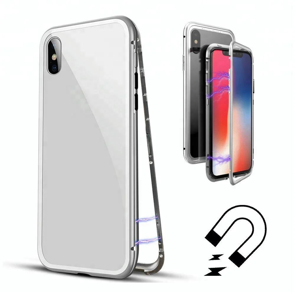 

Full Protect Slim Fit Ultra-Thin Lightweight Magnetic Absorption Metal Frame Clear Tempered Glass Back Phone Case for iPhone X