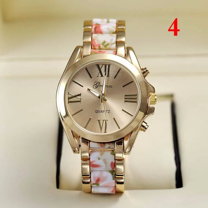 

Famous Brand GENEVA Luxury Watches Women Flower Printed Golden Steel Metal Watchband Wristwatch,Fashion Clock Relojes, White;purple;blue;pink;red