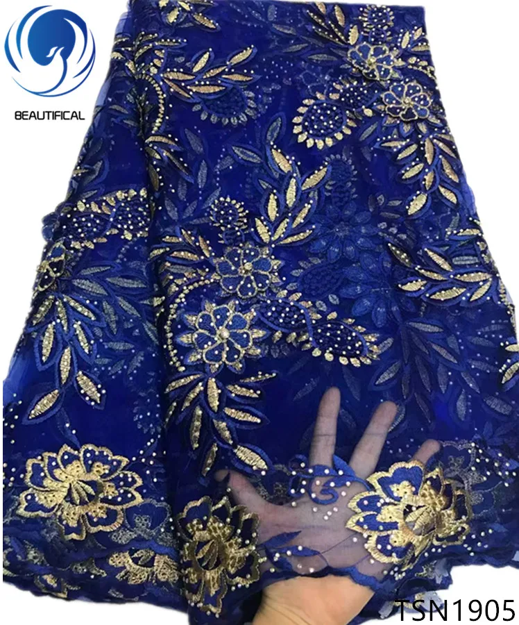 

Beautificial New arrival embroidery tulle lace fabric with rhinestones for dress african lace fabric 5yards TSN19, Customized
