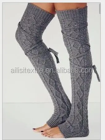 
In Stock Fashion Women Cable Knitted Extra Long Thigh High Leg Warmer with strip 