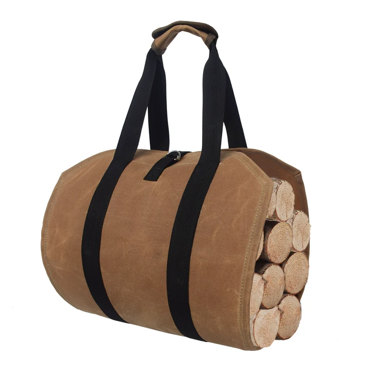 

Durable Waxed Canvas Fireplace Wood Carrier Holder Tote Bag with Handle and Security Strap