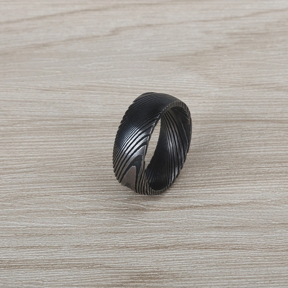 Comfort fit dark gun gray damascus steel rings cool mens rings