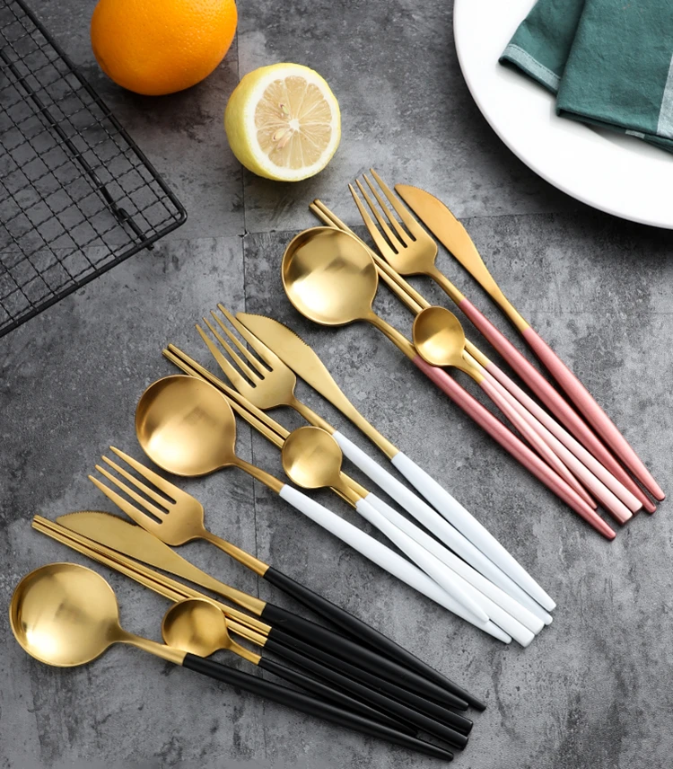 

Portuguese Matte Gold Black White Blue Pink Red Brown Unique Flatware set, Gold head + red / black / blue / pink / brown