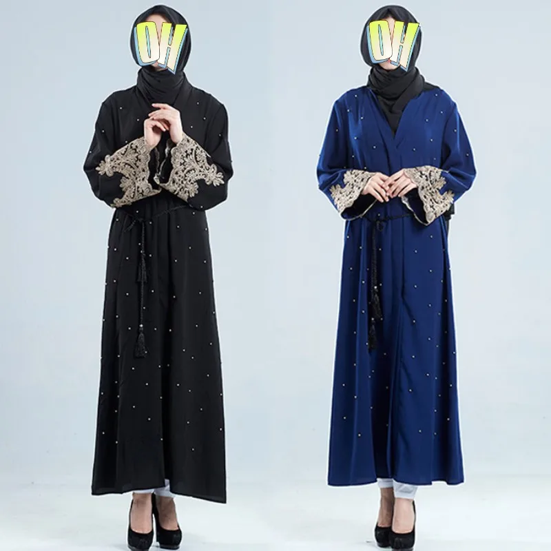 

YSMARKET Kaftan Dresses Abaya Women Muslim Islamic Cardigan Dress Turkey Long Sleeve Robe Handmade Bead Ethnic Clothing EF8855