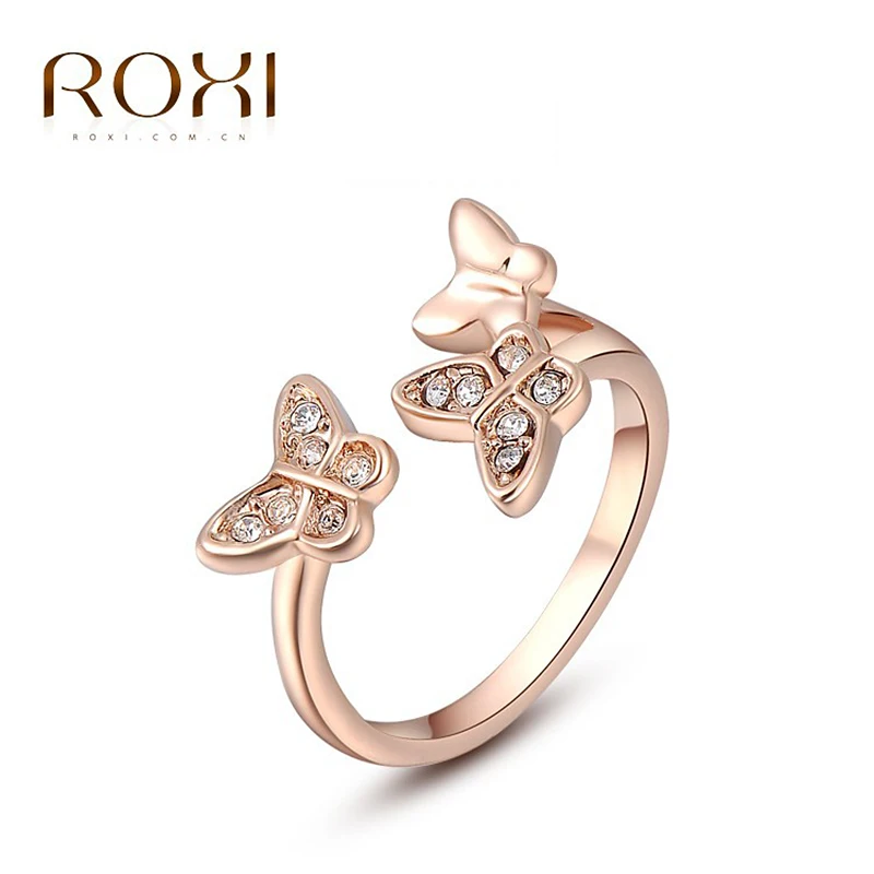 ROXI Brand Rose Gold Cute Ring With Zircon Double Butterfly Ring Open Jump Rings Wedding Engagement