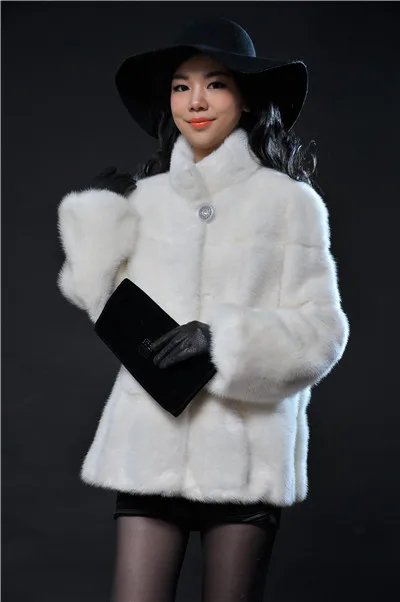 white mandarin collar lantern sleeve transverse short real fur mink coat imported from Finland