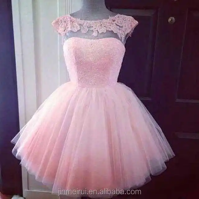 

New Design Cute Pink Sheer Top Neck Lace Tulle Short Sleeve Prom Dress Women