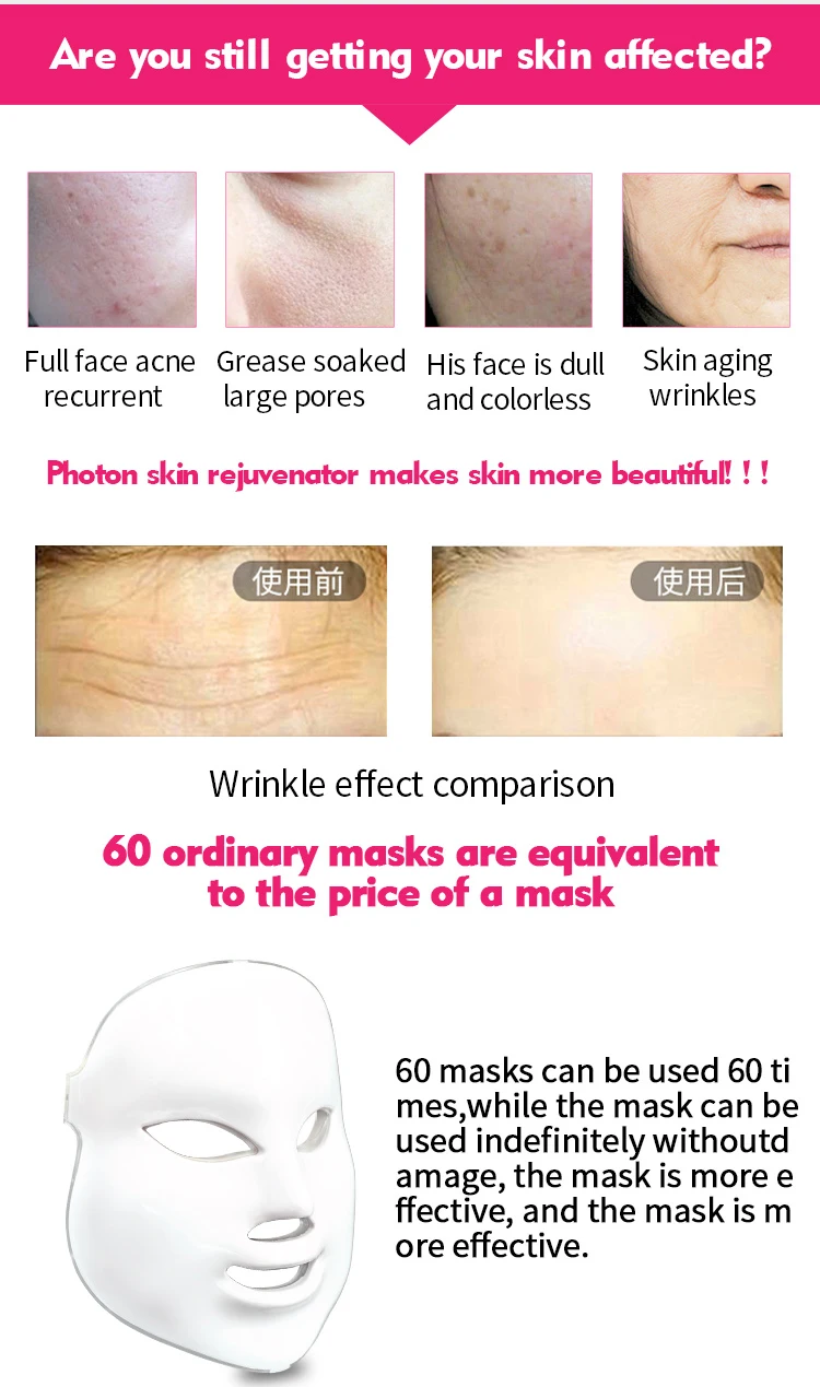 7 Colors Facial Skin Care Rejuvenation Wrinkle Acne Removal  Beauty Therapy Whitening Tighten led face mask Instrument