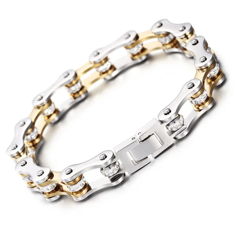 

Wholesale 7mm/10mm White Rhinestone Stainless Steel Silver Gold Motorcycle Bike Chain Bracelet for women, Silver;gold;red;blue;green;rose;black;brown;pink etc