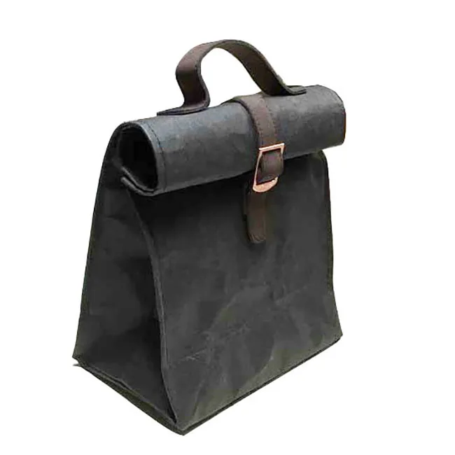 

OEM new dark grey reusable washable kraft paper lunch tote bag with logo, 4c or pms
