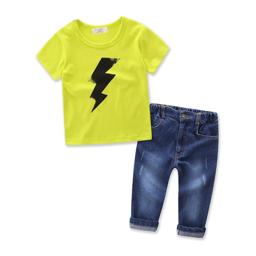 

Boys Clothing Sets 2018 Summer Kids Baby Boys Clothes Set Lightning Print T-Shirt + Jeans Boys Suit Children Clothes, As pictures