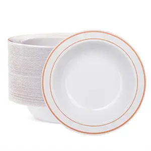 Image of 60pcs Disposable Plastic 12 oz Soup Bowls Rose Gold Trim Premium Heavy Duty Plastic Plates for Wedding parties