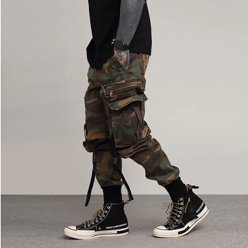 

2019 Spring Summer New Retro Multi-Bag Overalls Jogging Pants Men Camouflage Cargo Pants, Black;camouflage