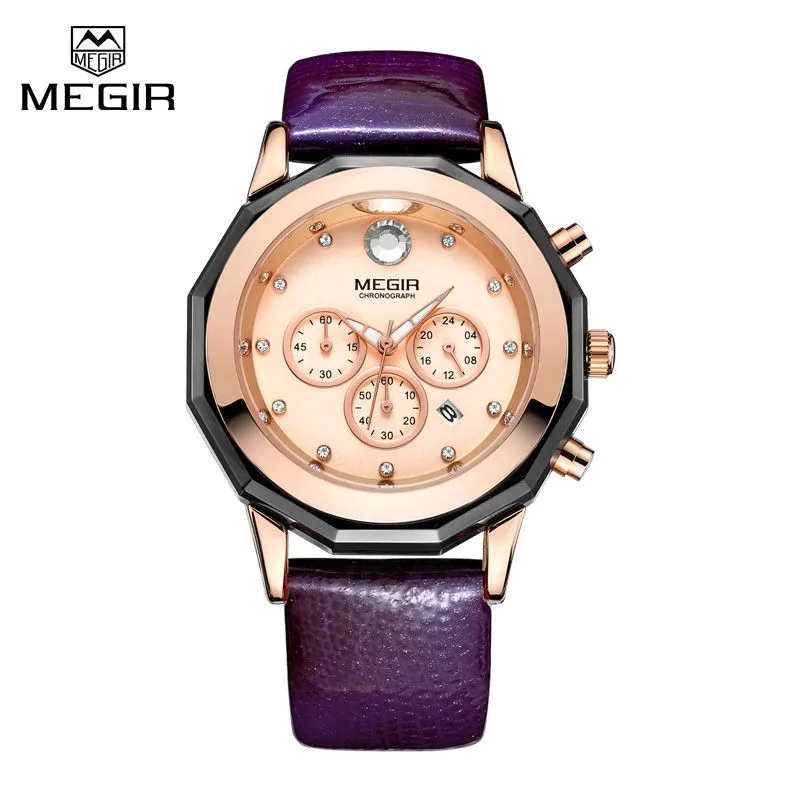 

Megir 2042 Brand Luxury Women Dress Watch Genuine Leather Charm Elegant Date Chrono Clock Fashion Waterproof Diamond Lady Watch