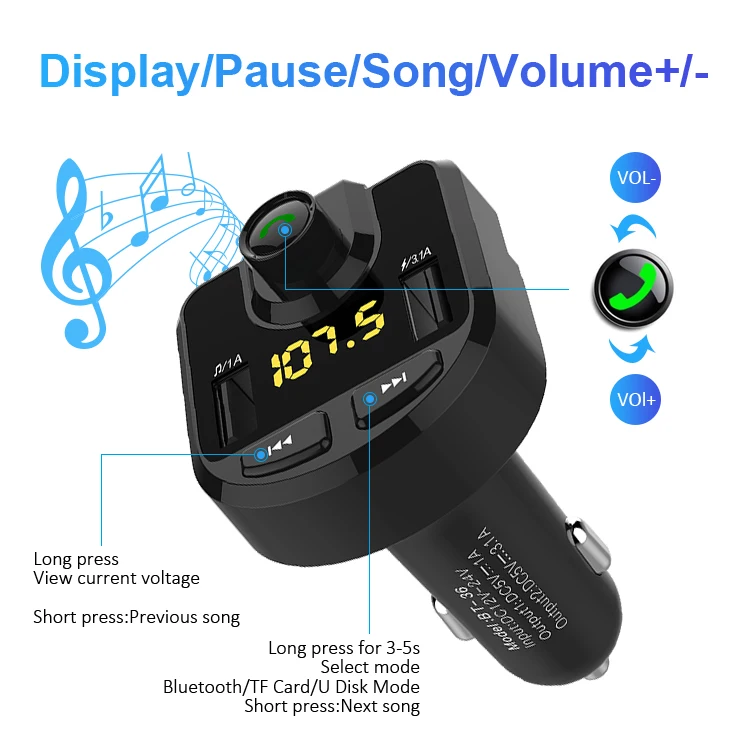 Smart dual USB wireless car bluetooth fm transmitter,car mp3 player with bluetooth