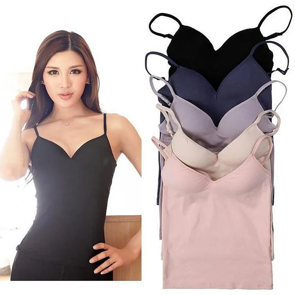 Woman Ladies Modal Adjustable Strap Built In Padded Bra Tank Top Camisole Vest