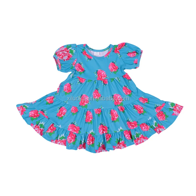 

Wholesale Price Girls Boutique Clothes Floral Print Short Sleeve Kids Twirl Dress, Picture