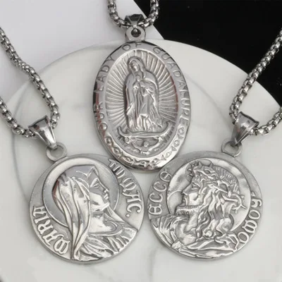 

Stainless Steel Engraved Oval Virgin Mary Necklace Silver Round Jesus Christ Pendant Necklace for Christian Jewelry