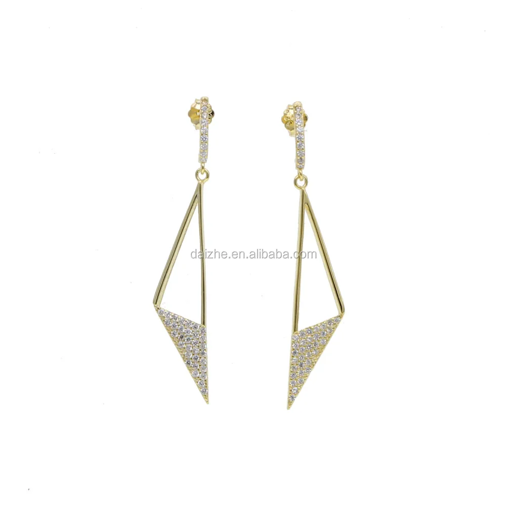 

fashion 925 sterling silver with chain connector triangle charm dangle earring with 3 color palved dubai gold wedding earring