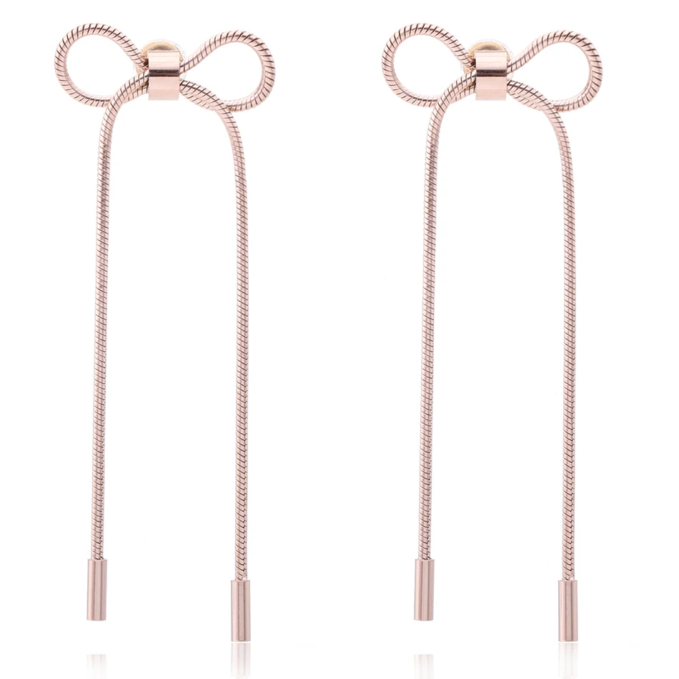 

Gold Plated Statement Earrings Rose Gold Stainless Steel Bowknot Simple Style Dangle Earring SS054