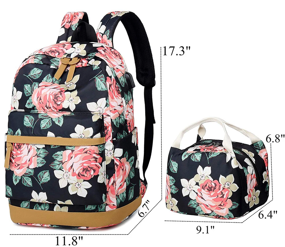 2 In 1 Set Black Rose Flower Backpack 15.6 Inch Laptop Backpack With ...