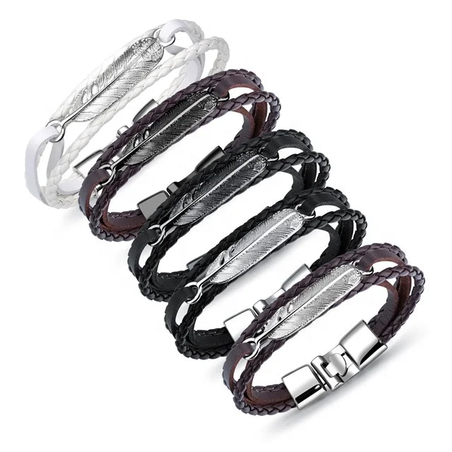 

Free Shipping Jewelry 316L Stainless Steel Leather Feather Bracelet For Men Women, As pictures