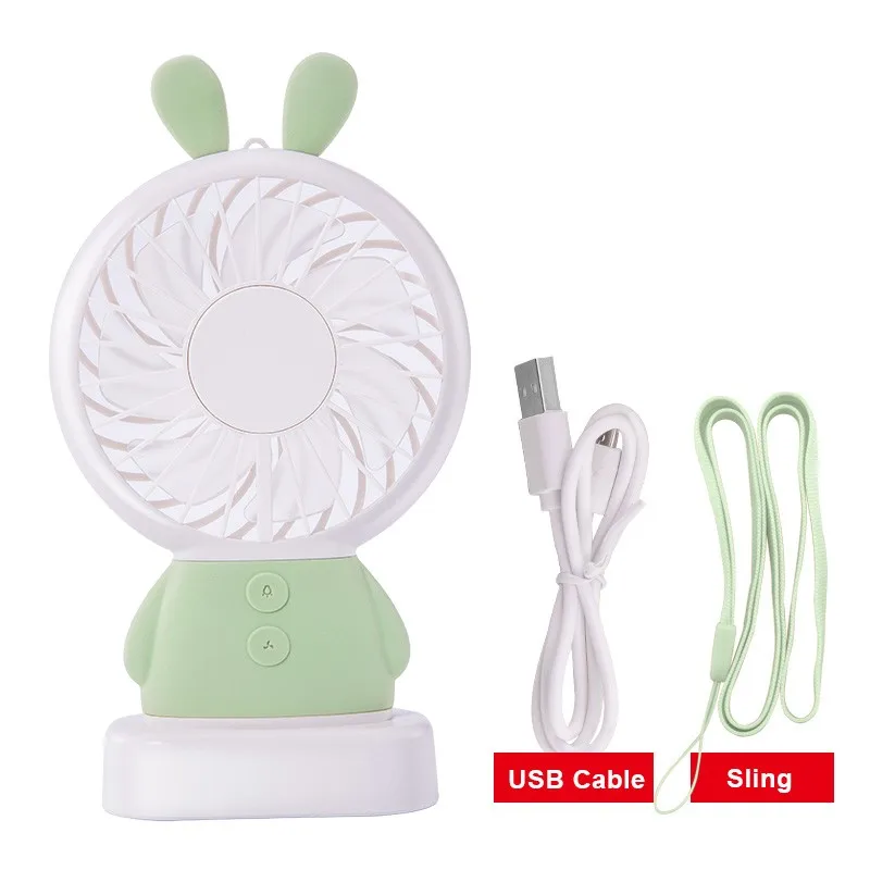 New Linglong Rabbit Thin Fan Handheld USB Rechargeable Personal LED Light Mini Fan with Sling for Travel
