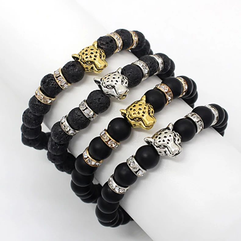 

Wholesale natural scrub volcanic rock beaded leopard head bracelet, lava stones, natural stone bracelet